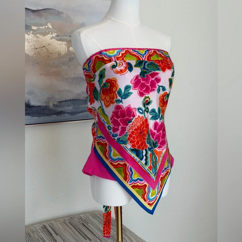 Caché Y2K Silk Scarf/Handkerchief Print Strapless Top Floral Bandana Hem - Picture 10 of 16